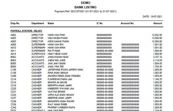 Salary Payment Listing